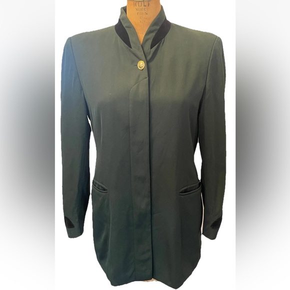 VTG Escada Blazer Single Breasted Hidden Buttons Long Dark Green Velvet Trim 40 - Picture 4 of 10